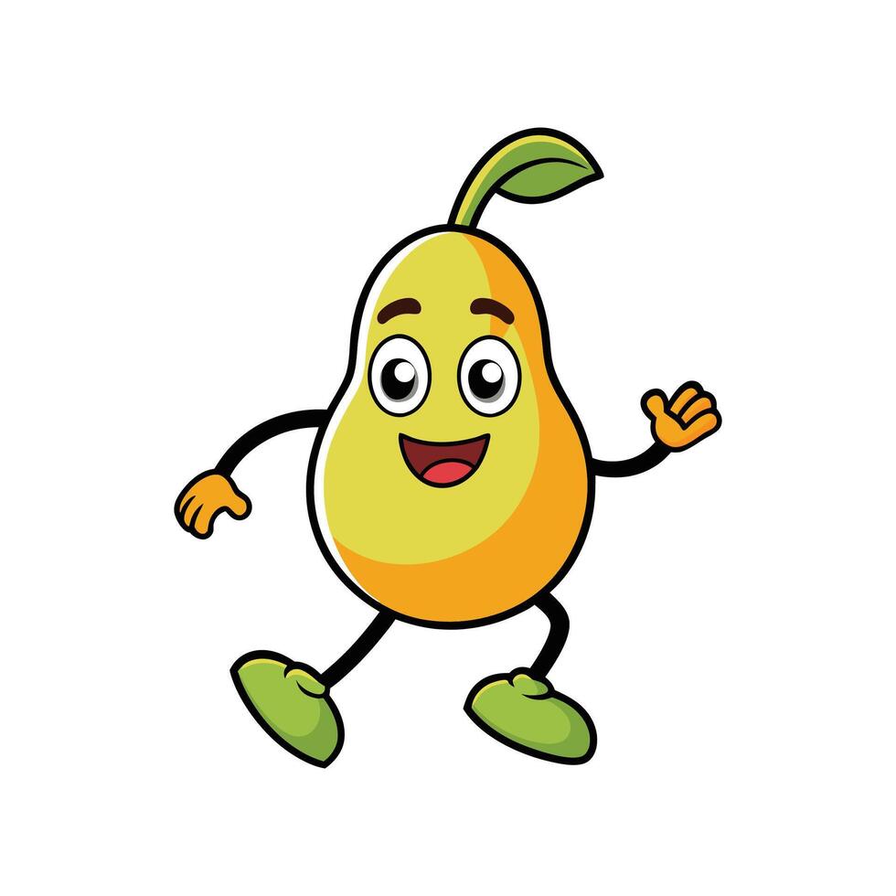 Cartoon pear character happily walking and waving hello gesture vector
