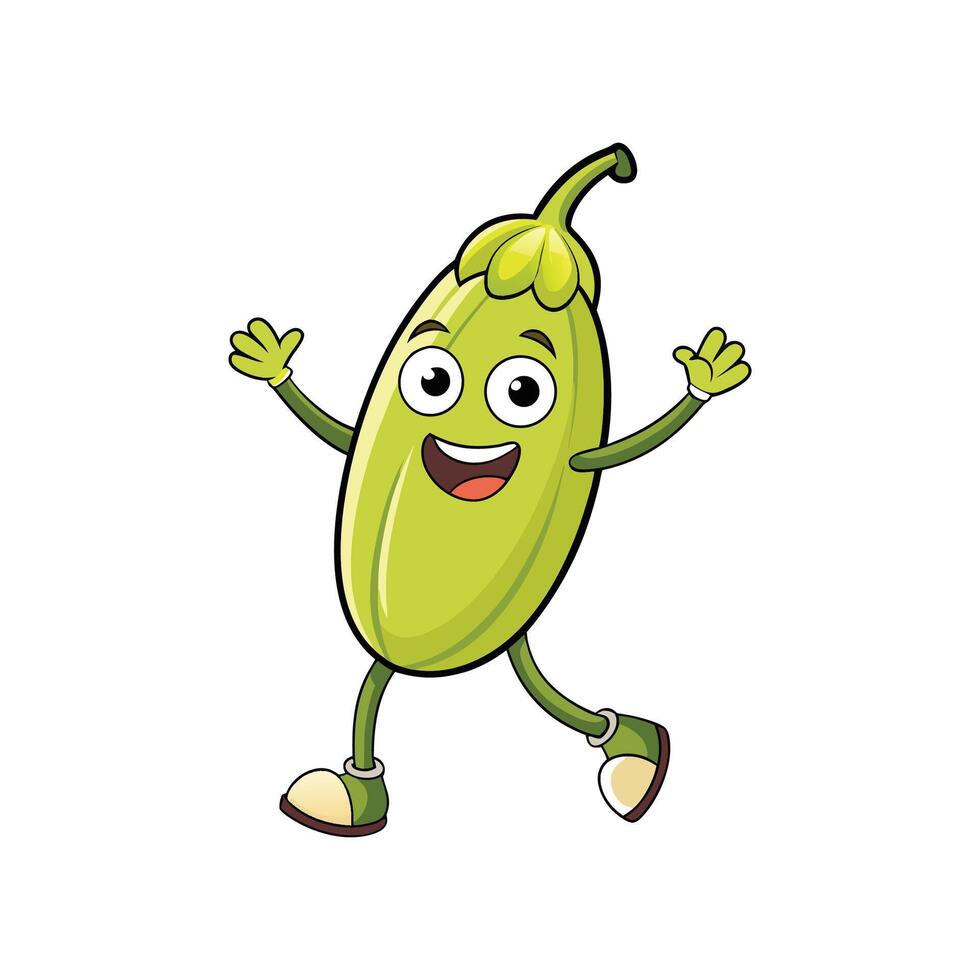 Happy cartoon zucchini character cheerfully walking on a white background vector