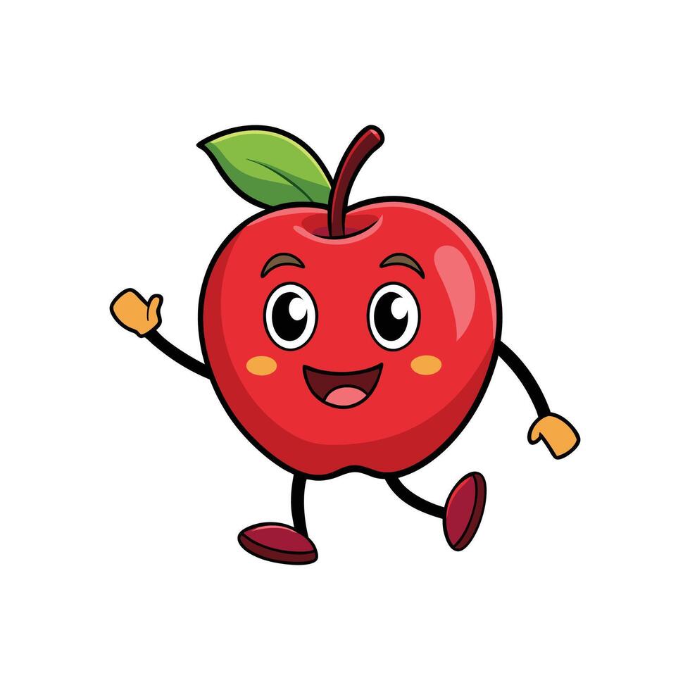 Cartoon apple character happily waving hello on white background vector