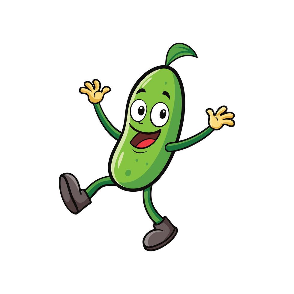 Happy cartoon cucumber character jumping and waving hello friend vector