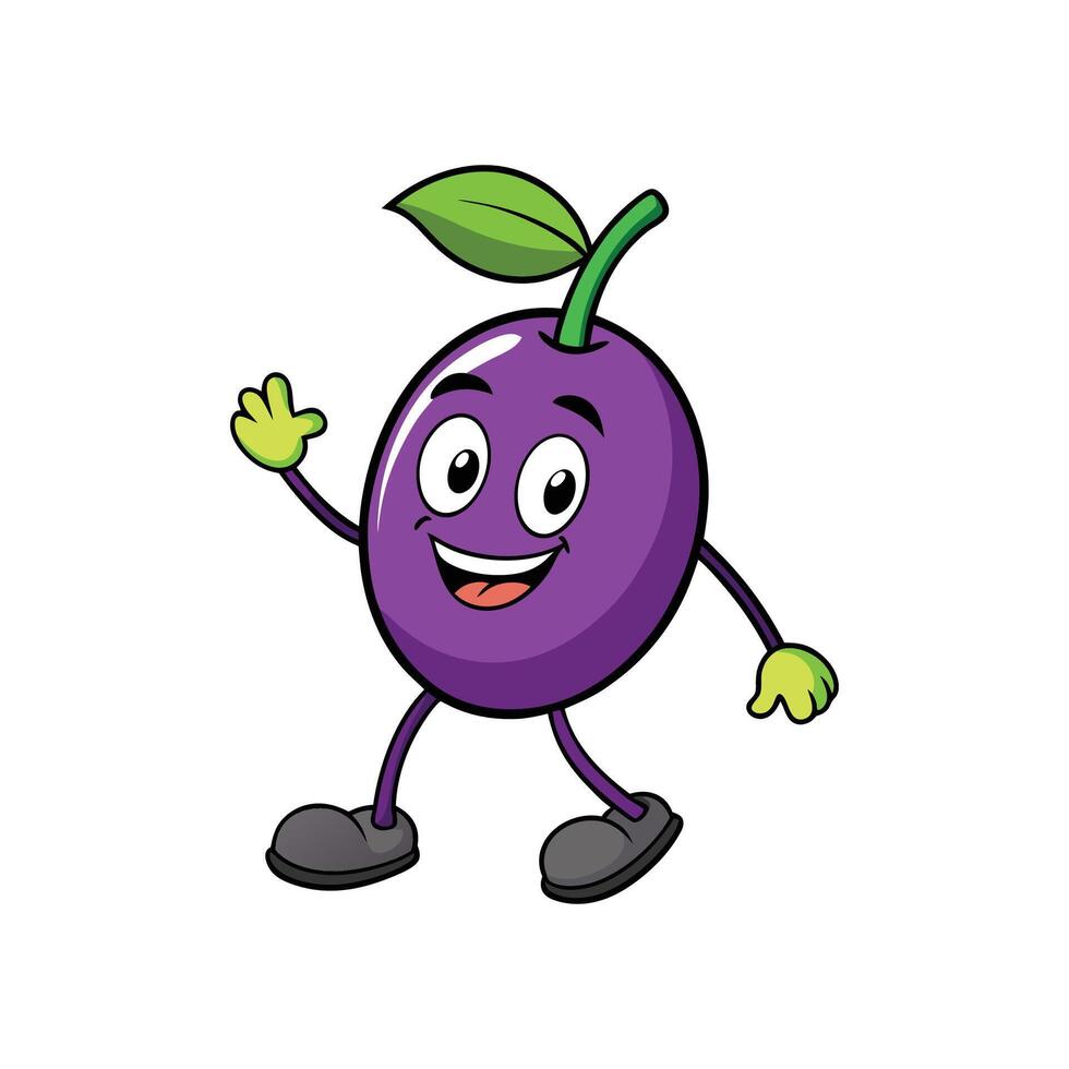 Cartoon plum character waving with cheerful expression illustration vector