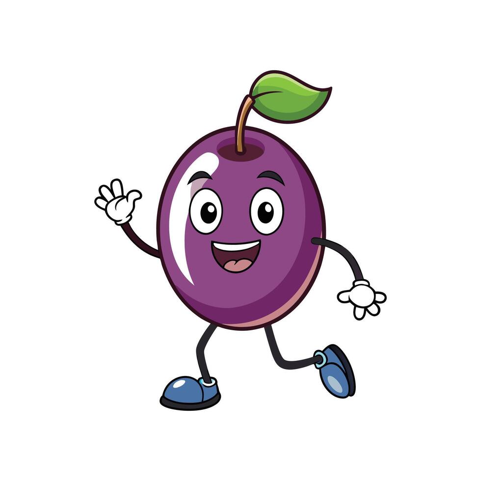 Cartoon Plum Character Running and Waving on White Background vector