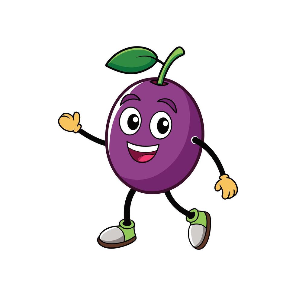 Cartoon plum character cheerfully waving with friendly facial expression vector