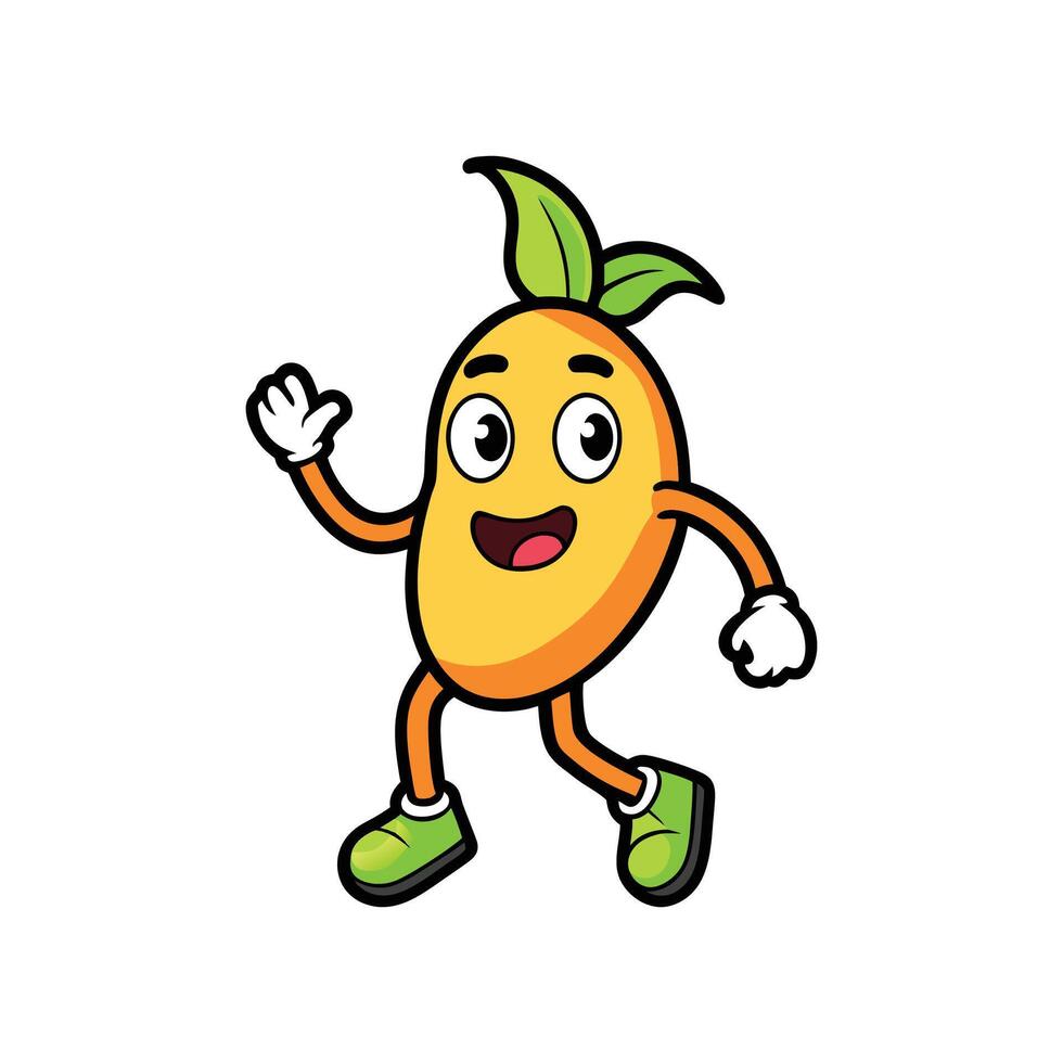 Cheerful cartoon mango character with leaves, greeting gesture vector