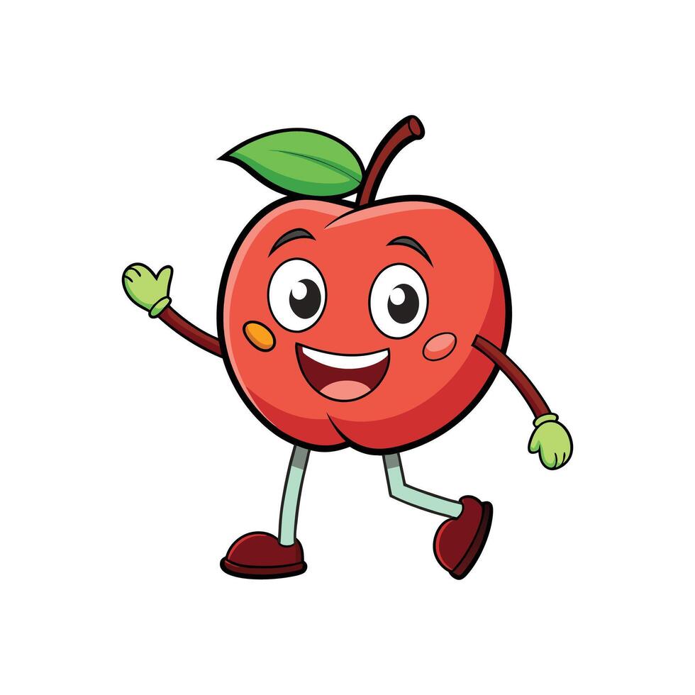 Happy apple cartoon character walking and waving hello cheerfully vector