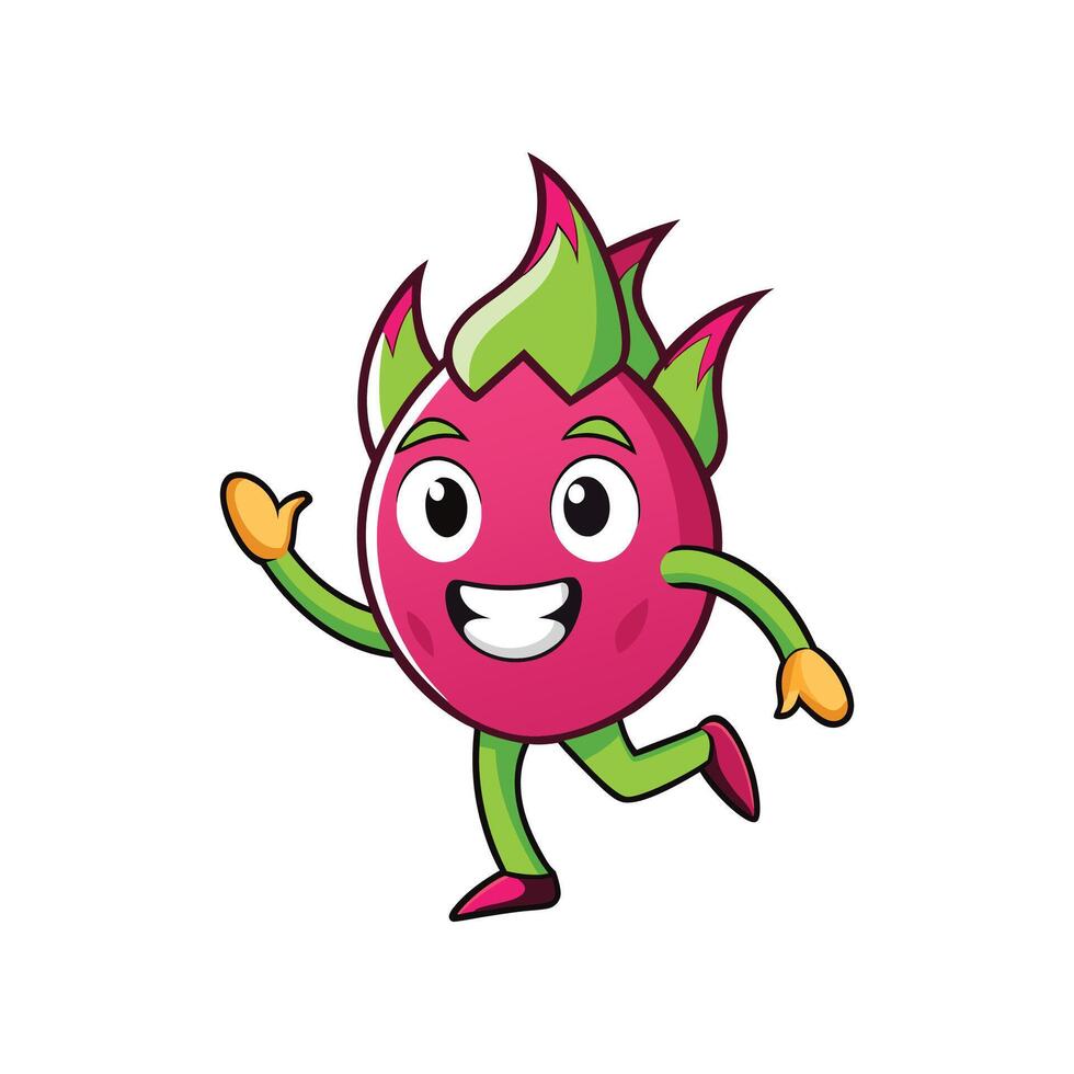 Cheerful dragon fruit character runs and waves hello vector