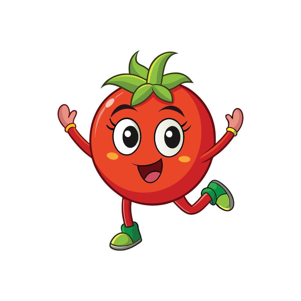 A cartoon tomato character running happily, featuring a joyful expression and playful design. Cartoon style with bright colors. vector