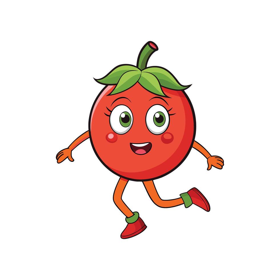 Cheerful cartoon tomato character running with smile on face vector