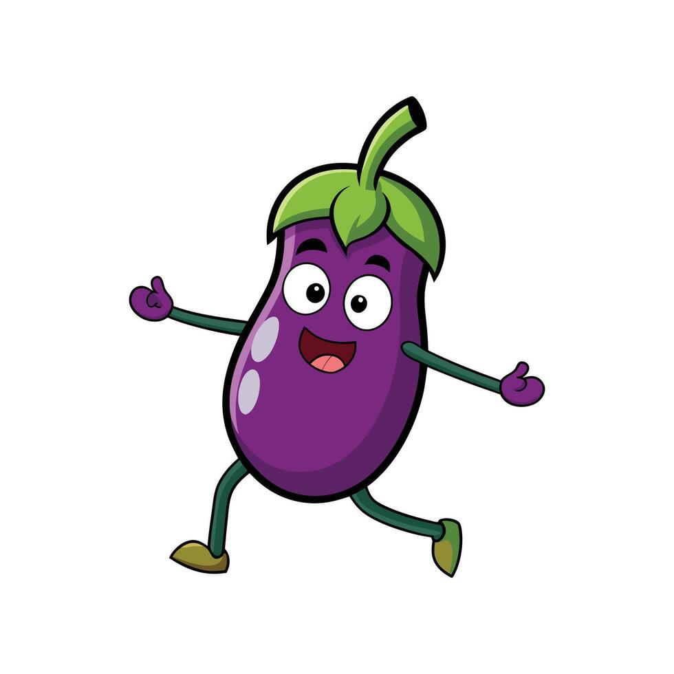 Cartoon eggplant character with happy face running and smiling vector