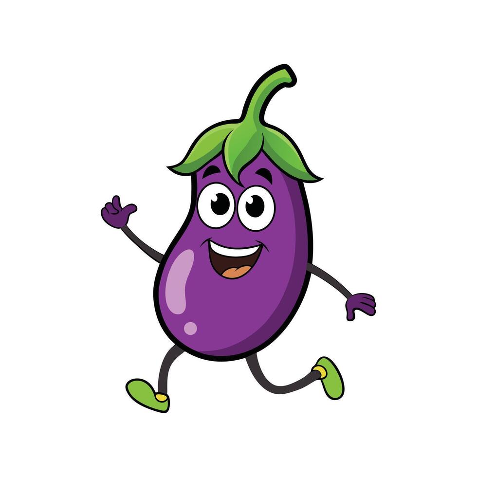 Cartoon eggplant character running and waving in a friendly manner vector