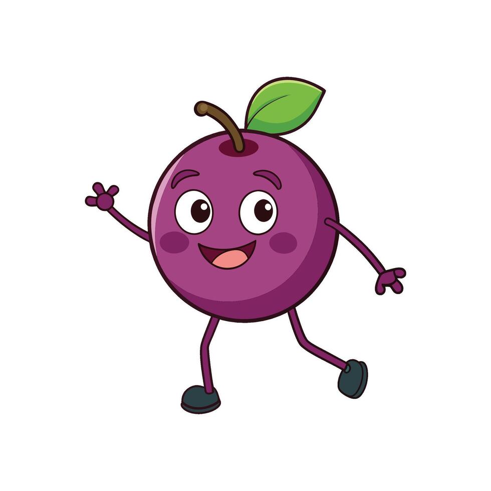 Cartoon plum character with happy face walking and waving vector