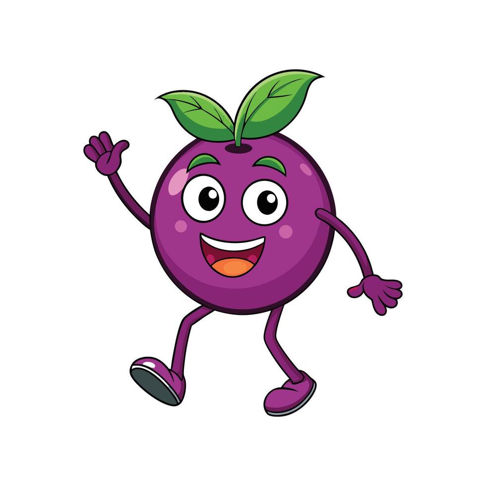 Cartoon plum character illustration walking happily with a wave vector