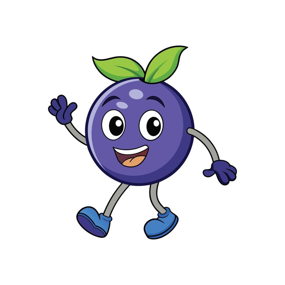 Cheerful cartoon blueberry character with happy expression waving hand vector
