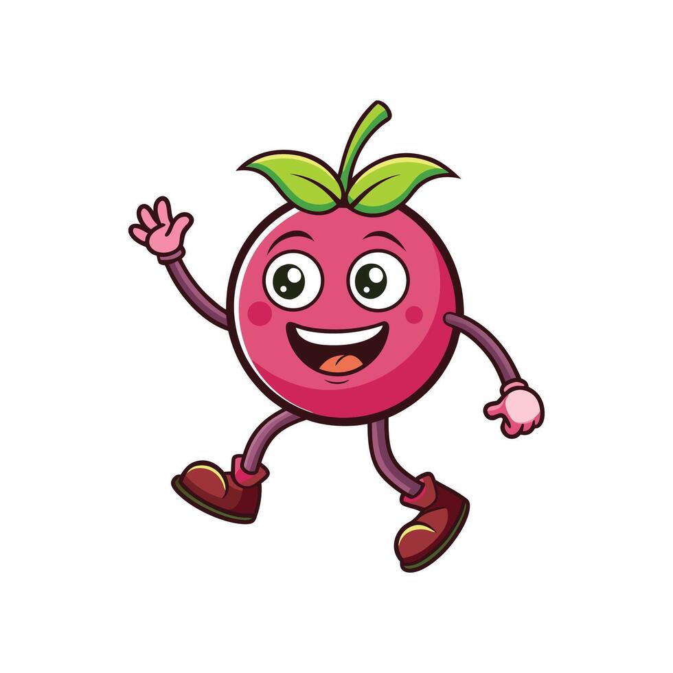 Joyful cartoon berry character waving and walking with boots vector