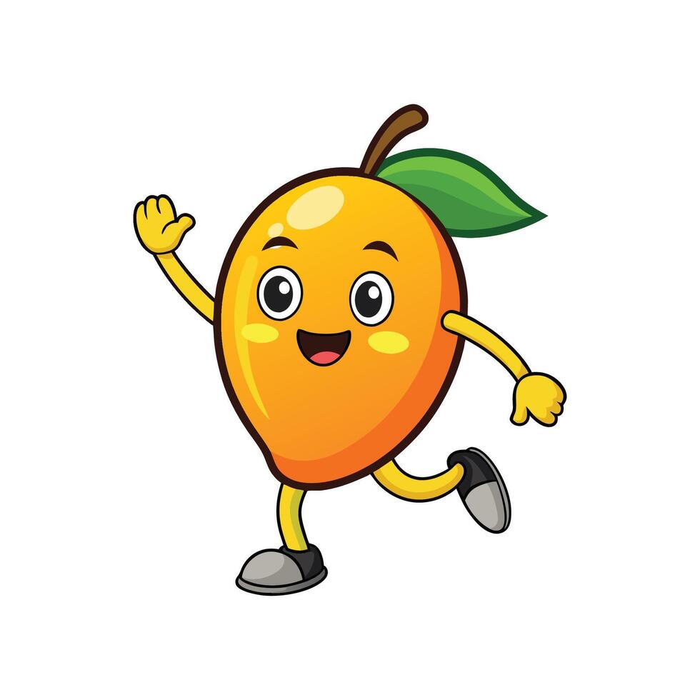 Happy mango cartoon character running and waving hello isolated vector