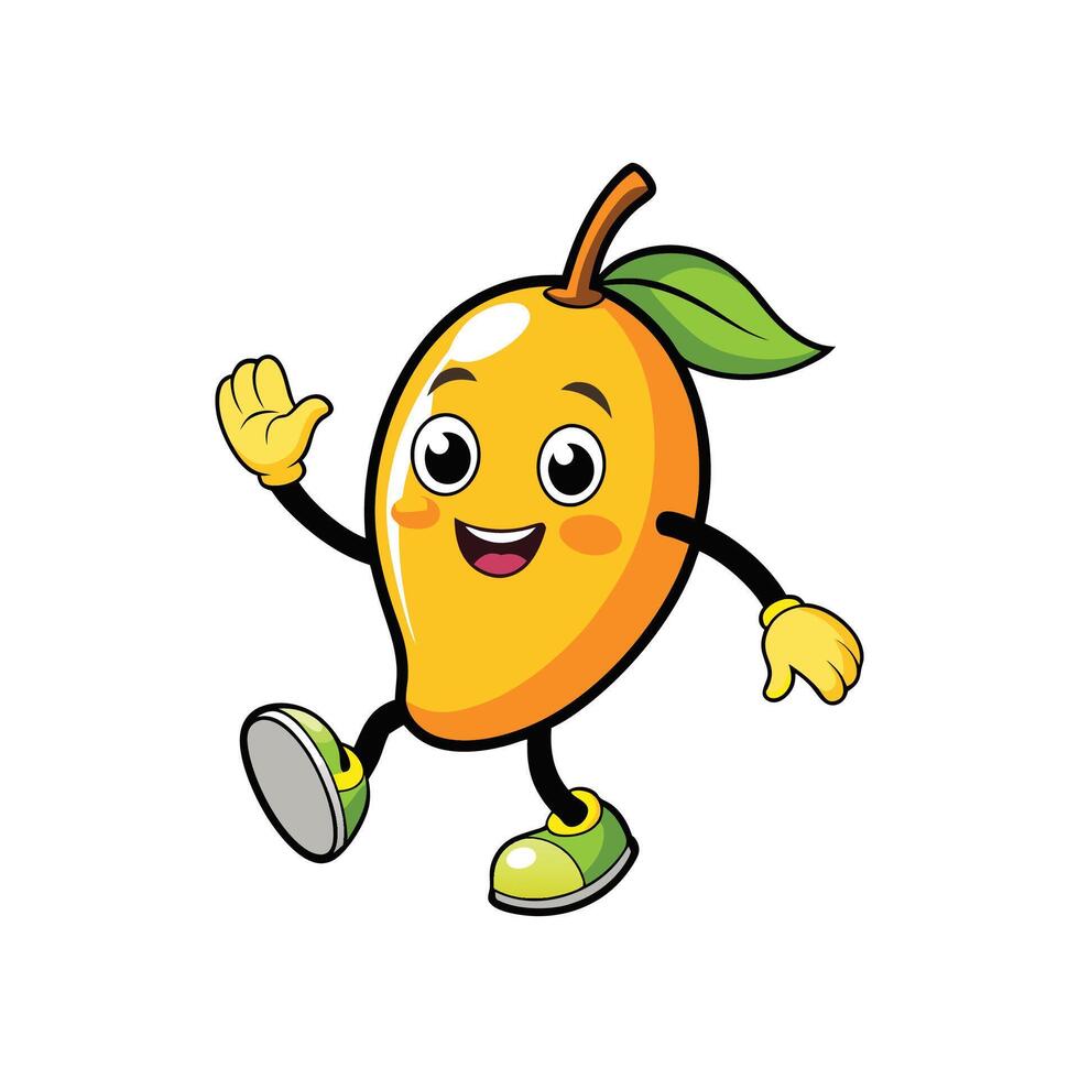 Cartoon mango character waving hand against a white backdrop vector