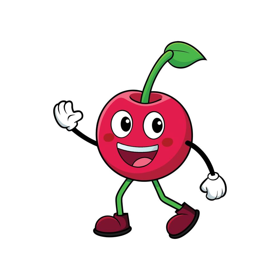 Cheerful Cherry Cartoon Character Waving Hand and Smiling vector