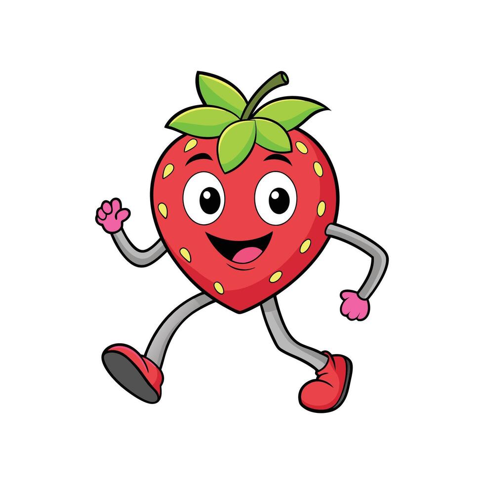 Animated strawberry cartoon character running with a happy expression vector