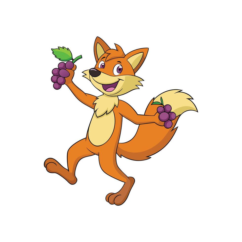 Cartoon fox character holding grapes isolated on white background vector