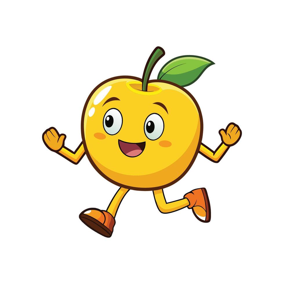 Happy yellow apple cartoon character running with cheerful expression vector