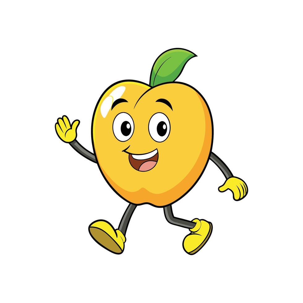 Happy animated peach character waving, walking, friendly and positive vector