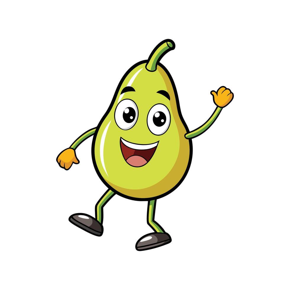 Cartoon pear character with a happy expression and waving hand. Isolated on white in illustration style. vector