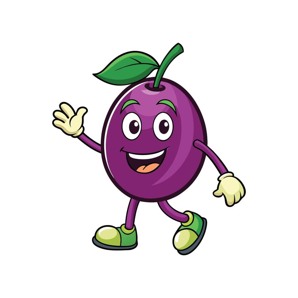 Happy plum cartoon character waving isolated on white background vector