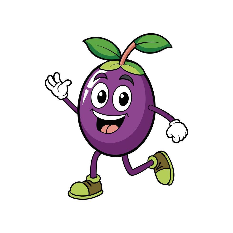 Happy Running Plum Cartoon Character with Shoes and Smile vector