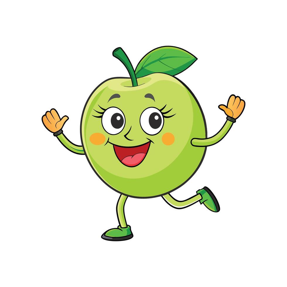 Cheerful green apple cartoon character running with happy expression vector