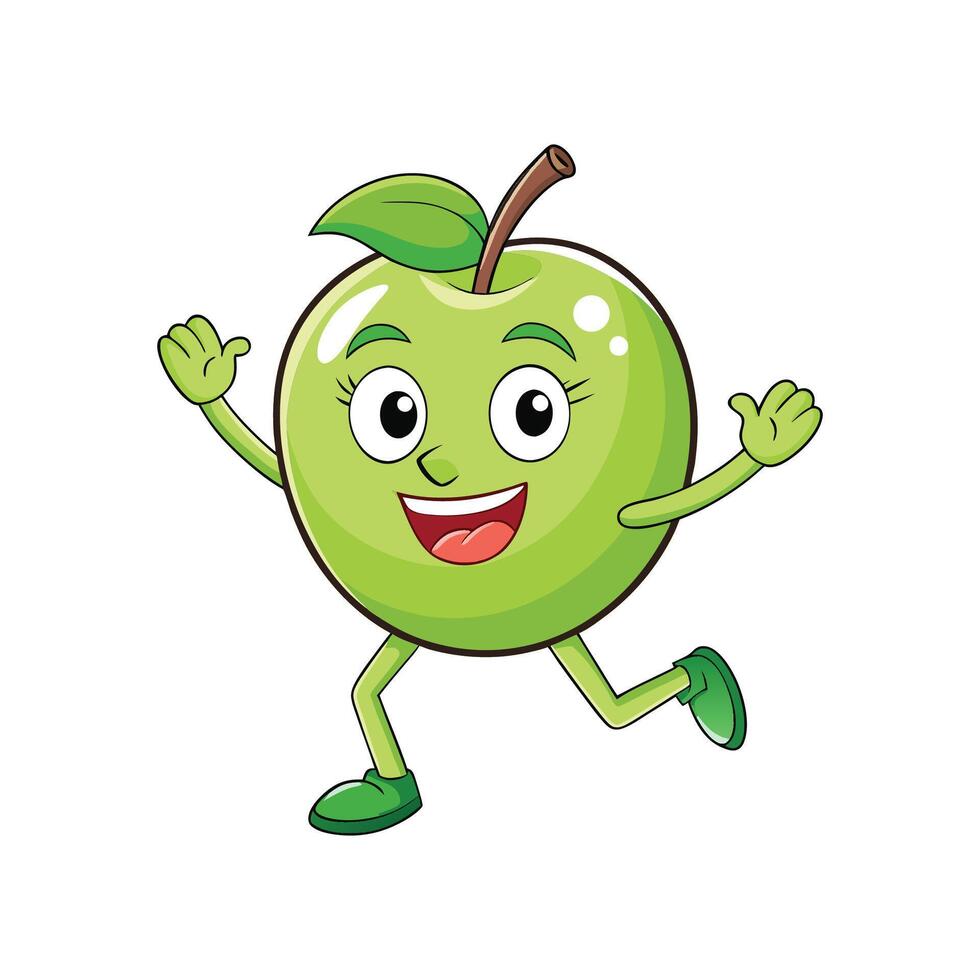 Happy green apple character running with smiling face vector