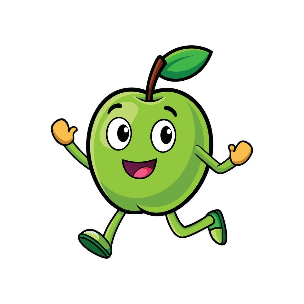 Happy green apple cartoon character running with a smile vector