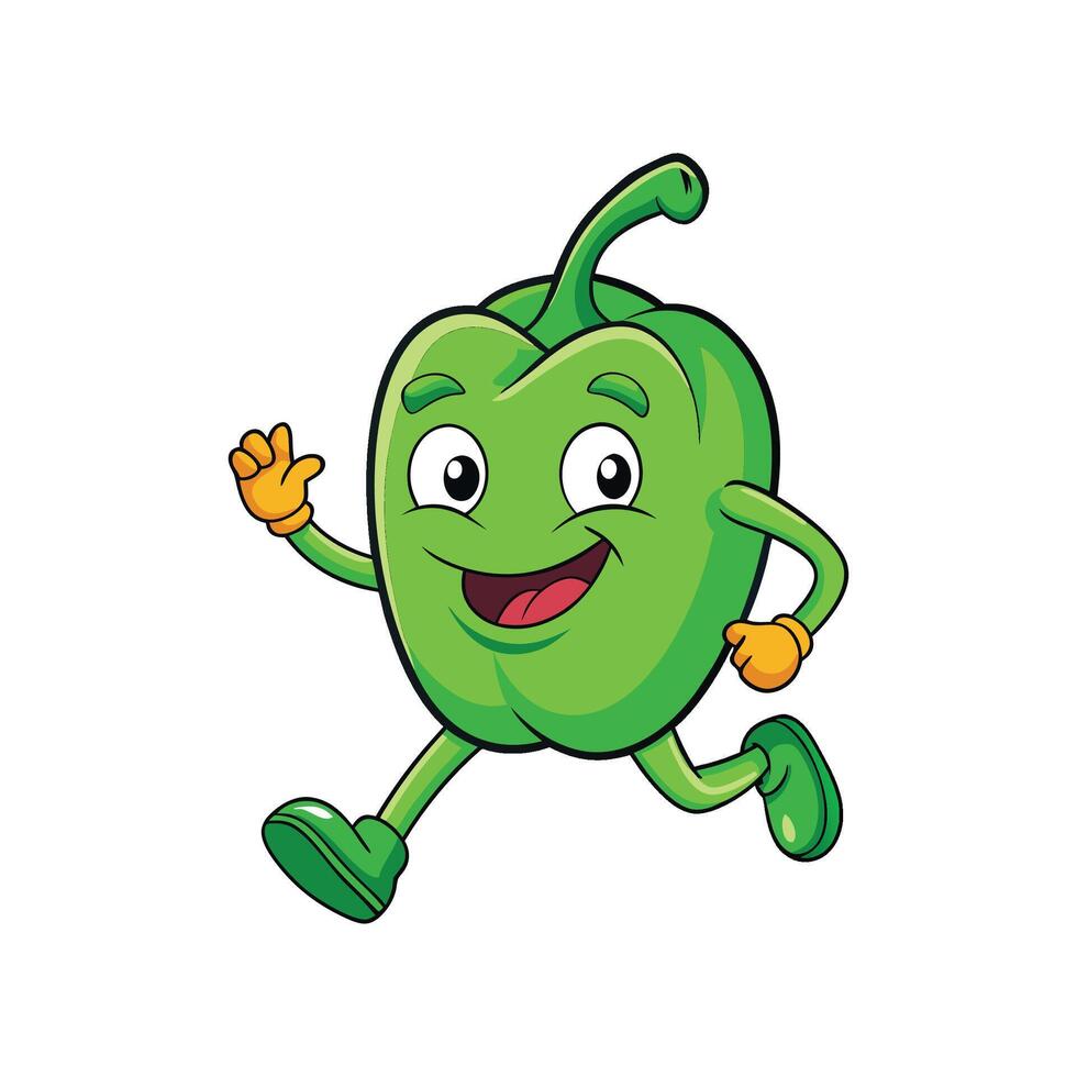 Cartoon green bell pepper running and waving happily illustration vector