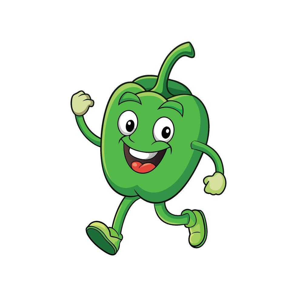 Cartoon green pepper running and smiling with joyful expression vector