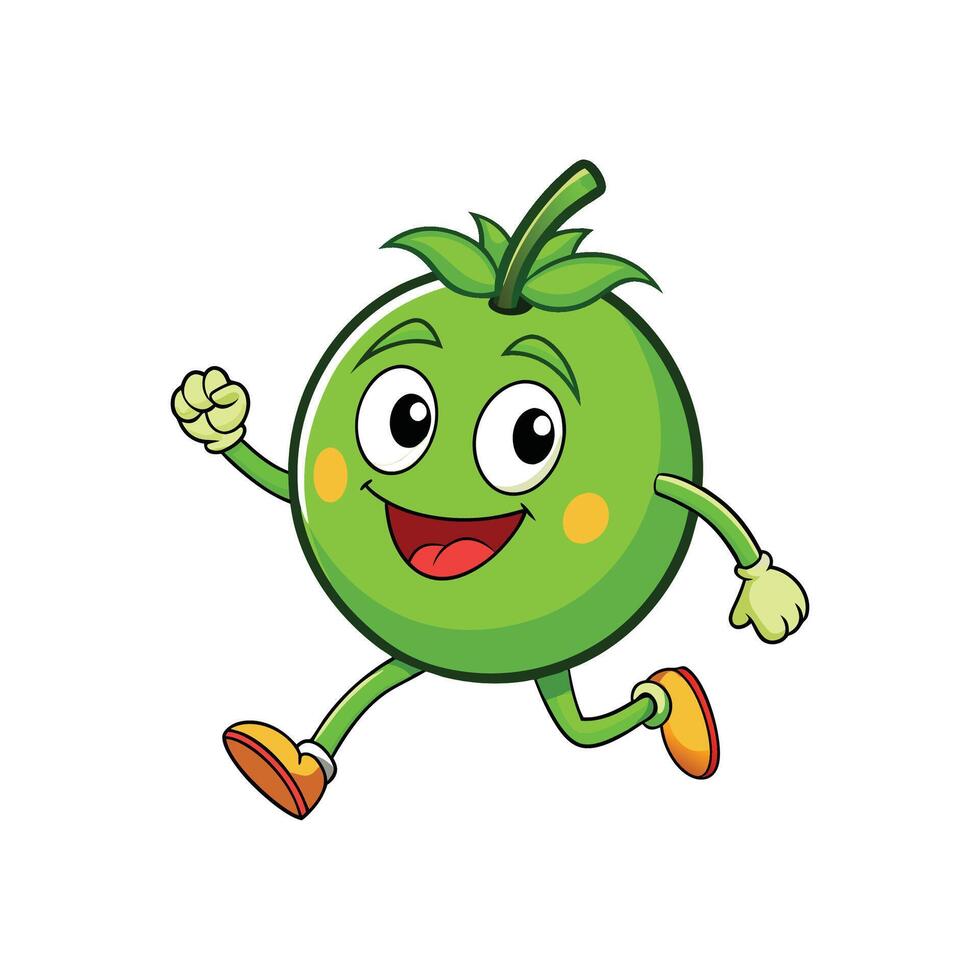 Cheerful green tomato cartoon character running with a smile vector