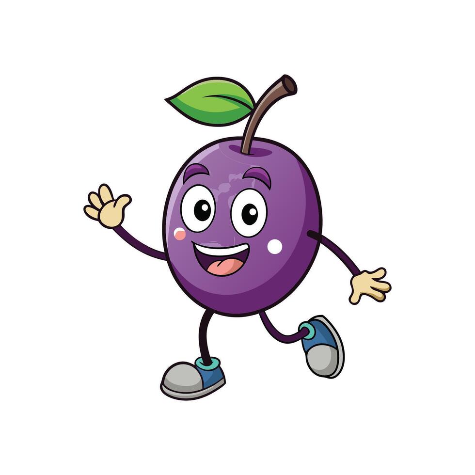 Cartoon plum character happily waving against a white background vector