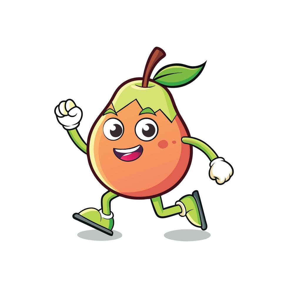 Happy cartoon pear running character with cheerful expression vector