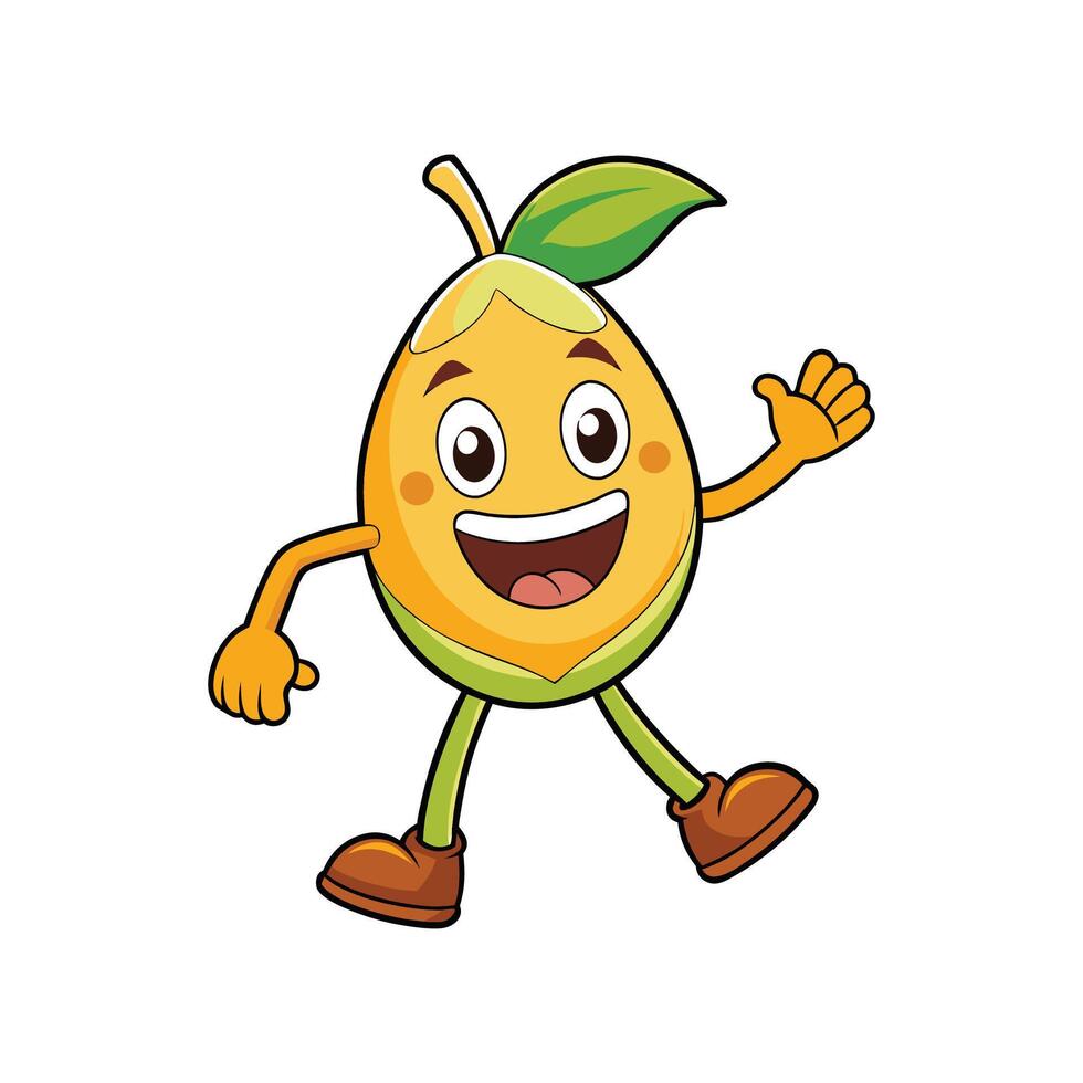 Happy cartoon mango character waving hello on white background vector