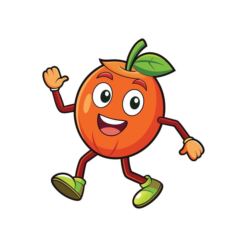 Cartoon style peach character walking and waving hand vector