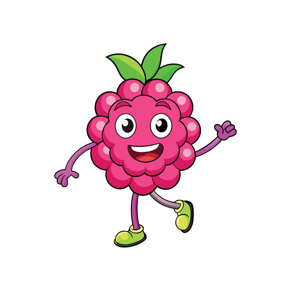 Cartoon raspberry character cheerfully walking on white background illustration vector