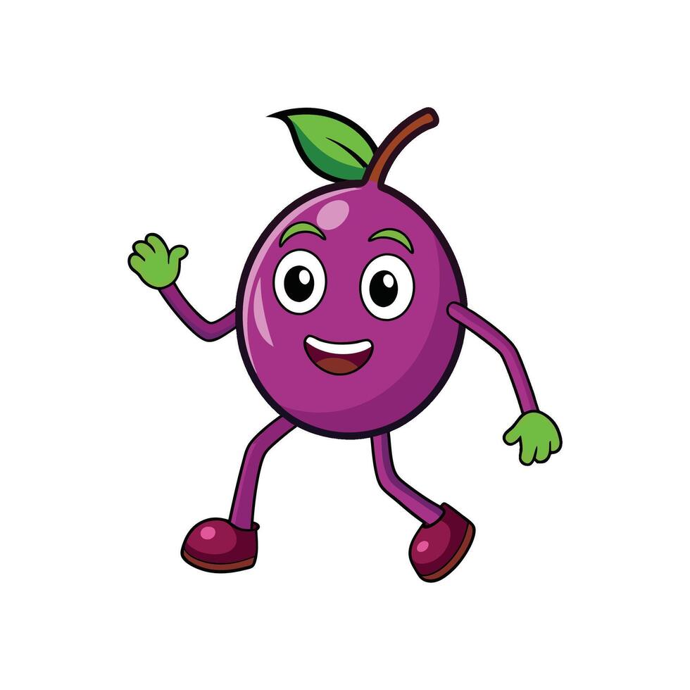 Cartoon plum character waving on white background studio shot vector
