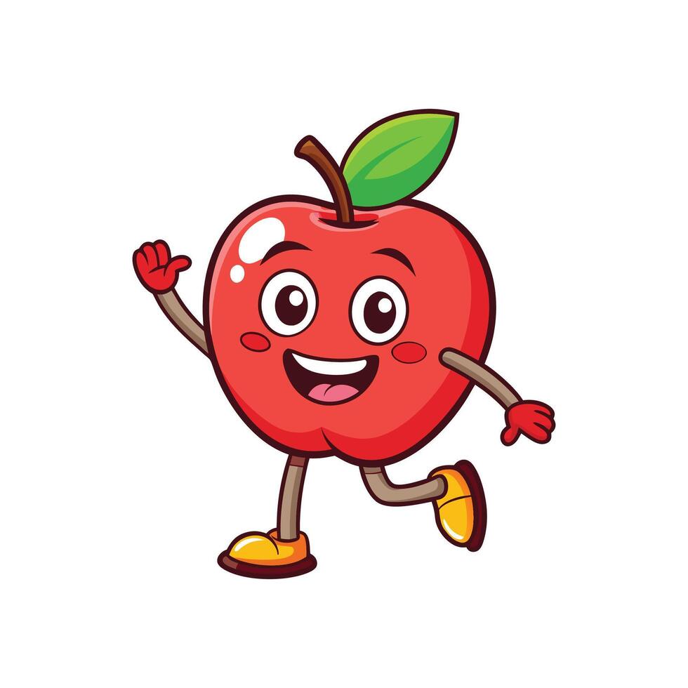 Cartoon apple character running with friendly expression and waving arm vector