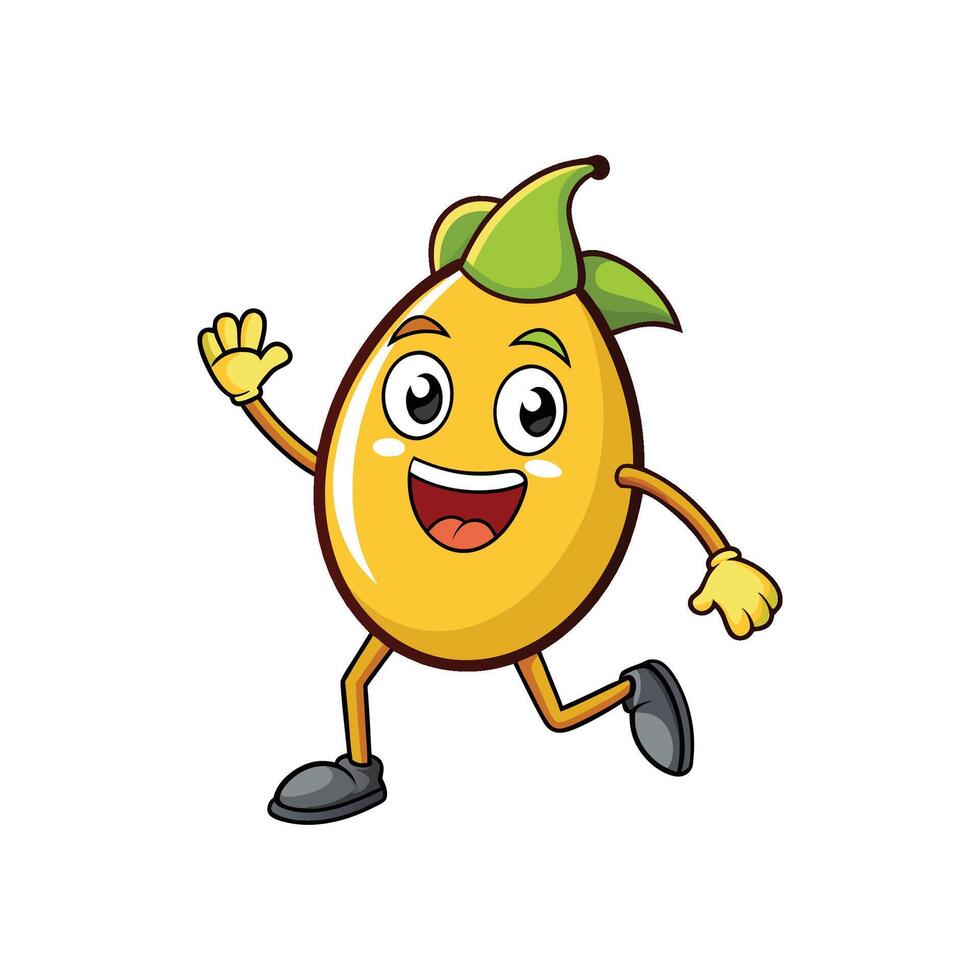 Happy cartoon mango character waving and running forward joyfully vector