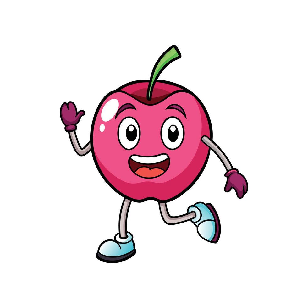 Cartoon cherry character waving, running, and smiling cheerfully vector