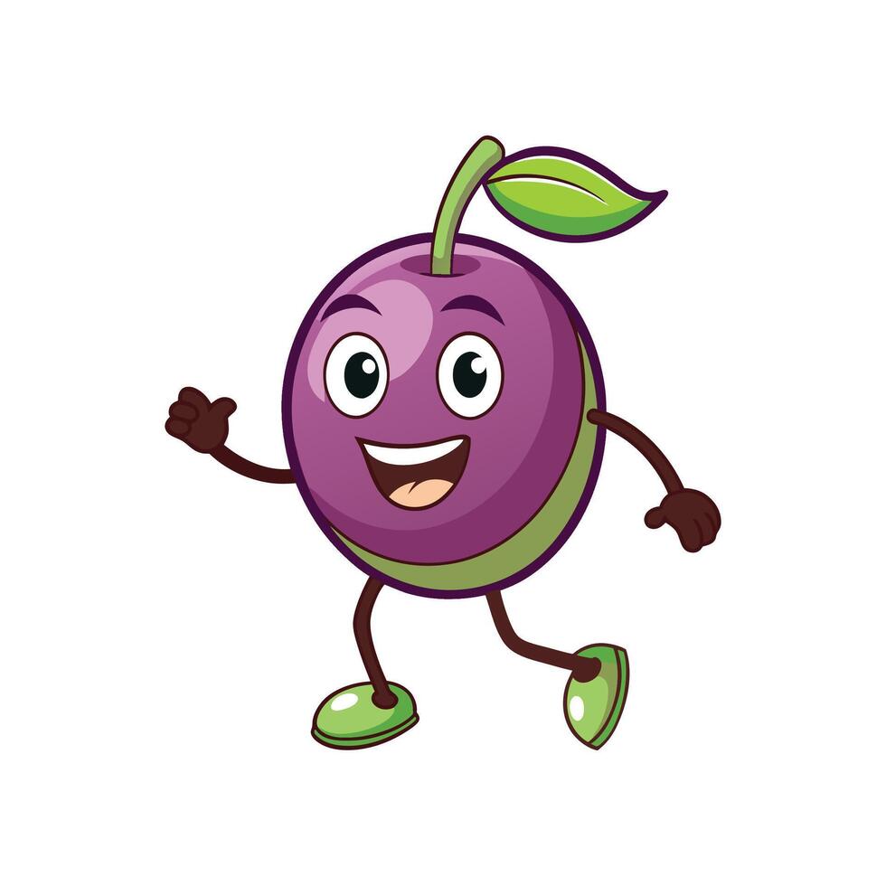 Cartoon plum character with smiling expression and walking pose vector