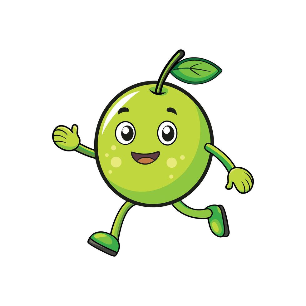 Cheerful green apple cartoon character running with a smile vector