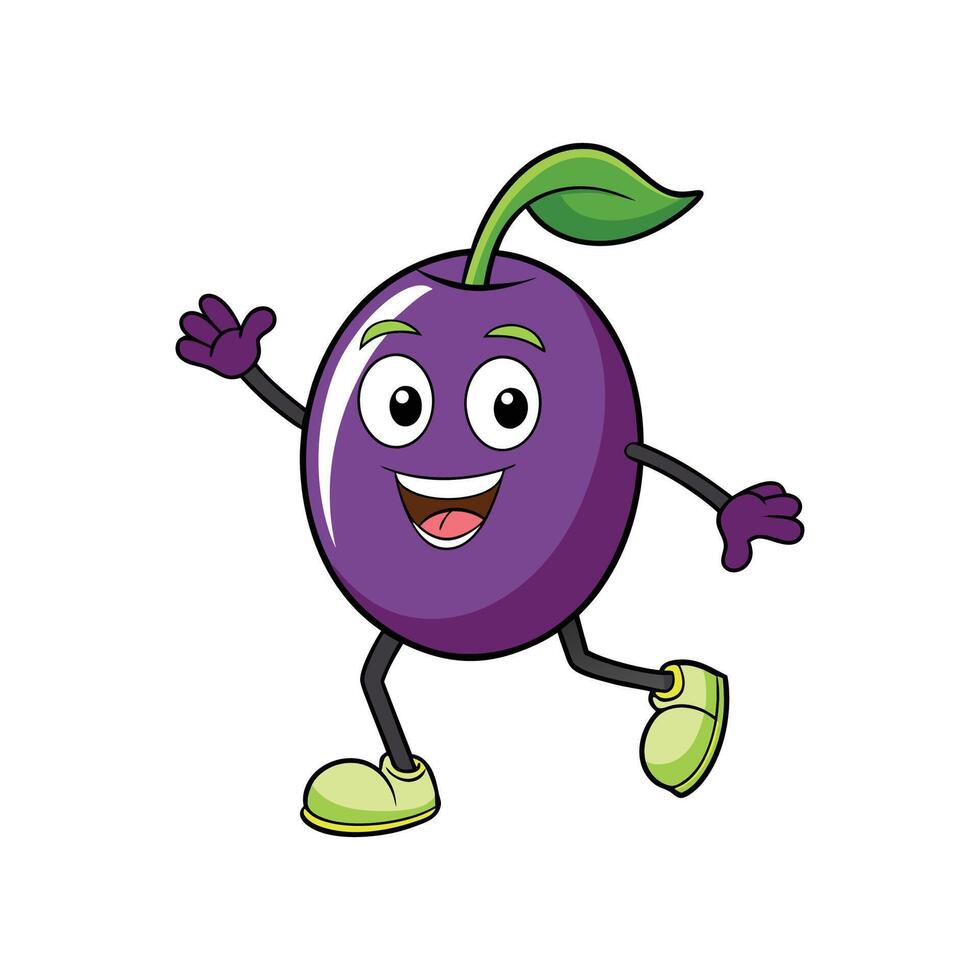 Cartoon plum character waving and walking with a smile vector