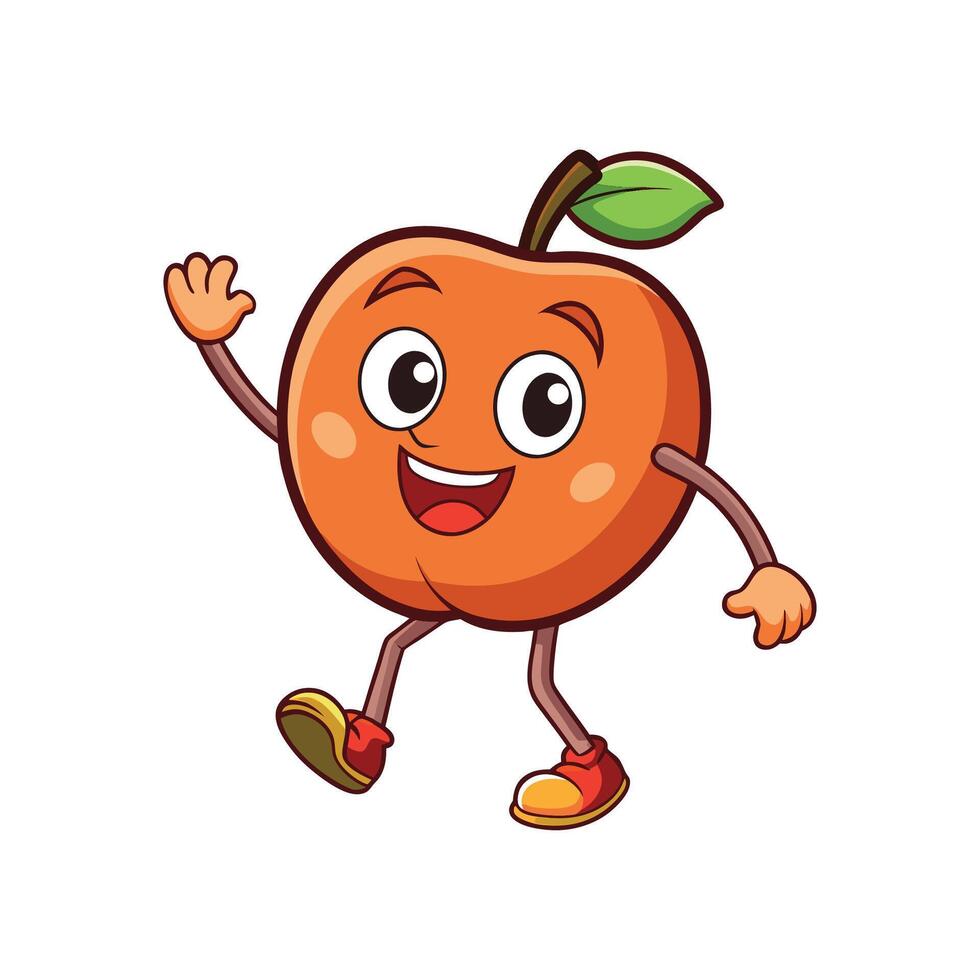 Friendly peach cartoon character waving on white background vector