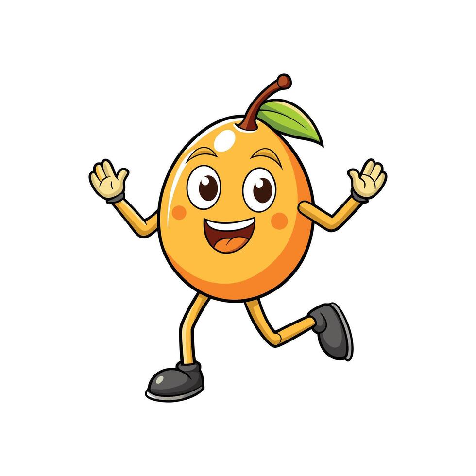 Cartoon loquat character running with happy expression on white vector