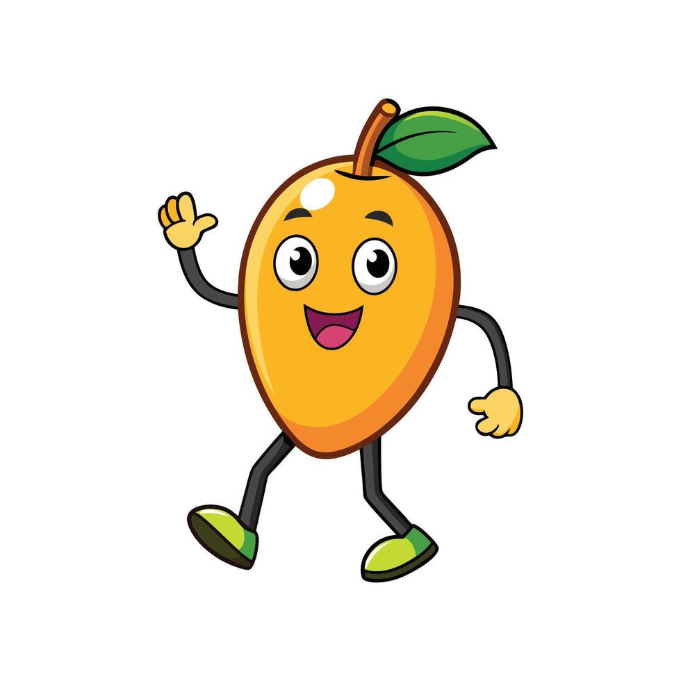 Cartoon mango character happily walking and waving hello image vector