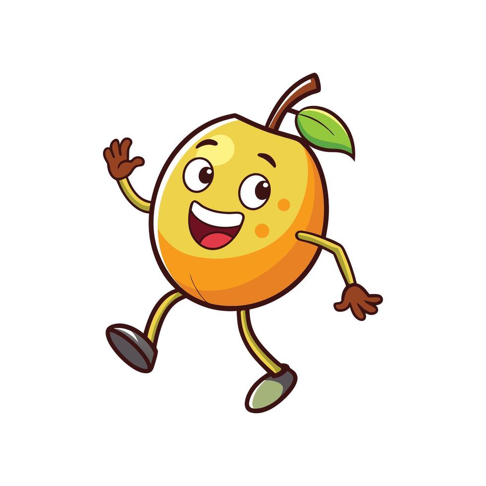 Happy apricot cartoon character waving hello with cheerful face vector